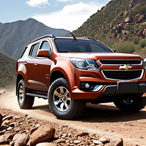 Home 4 **Image Prompt:** A rugged GM Chevrolet Trailblazer SUV driving on a rocky, off-road trail in a mountainous region, showcasing its powerful design and off-roading capabilities. The scene should highlight the vehicle's robust build and suitability for challenging terrains, appealing to those who prefer a strong and capable SUV.