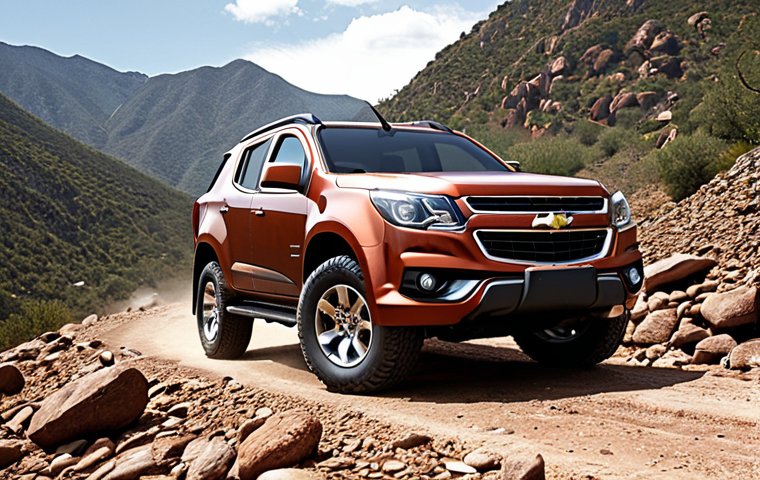 **Image Prompt:** A rugged GM Chevrolet Trailblazer SUV driving on a rocky, off-road trail in a mountainous region, showcasing its powerful design and off-roading capabilities. The scene should highlight the vehicle's robust build and suitability for challenging terrains, appealing to those who prefer a strong and capable SUV.
