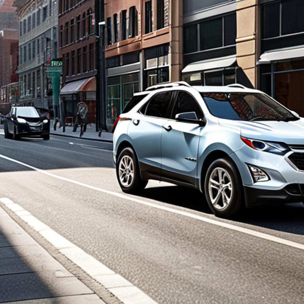 **Chevrolet Equinox Hybrid on a busy city street:** Focus on showcasing the car in an urban environment with traffic. Highlight the fuel efficiency aspect.