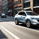 **Chevrolet Equinox Hybrid on a busy city street:** Focus on showcasing the car in an urban environment with traffic. Highlight the fuel efficiency aspect.