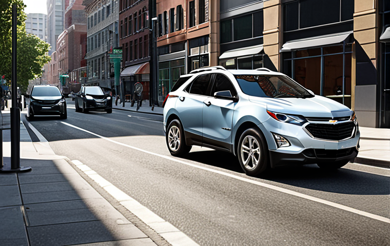 **Chevrolet Equinox Hybrid on a busy city street:** Focus on showcasing the car in an urban environment with traffic. Highlight the fuel efficiency aspect.