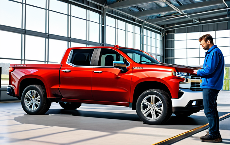 **

"A fully clothed professional engineer inspecting a gleaming, modern GM Chevrolet Silverado EV electric truck. The truck is parked in a sunny, eco-friendly research facility with solar panels in the background. Appropriate attire, safe for work, family-friendly, perfect anatomy, correct proportions, well-formed hands, natural pose, high quality."

**